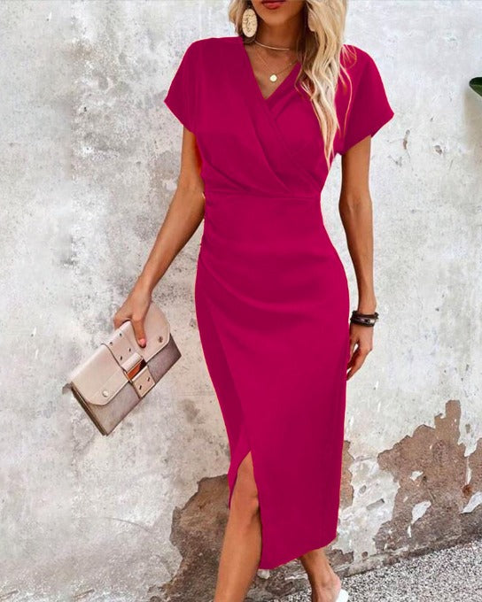 Midi Jurk met V-Hals - Elvoria - Elegante Voorsplit - Casual Zomerstijl