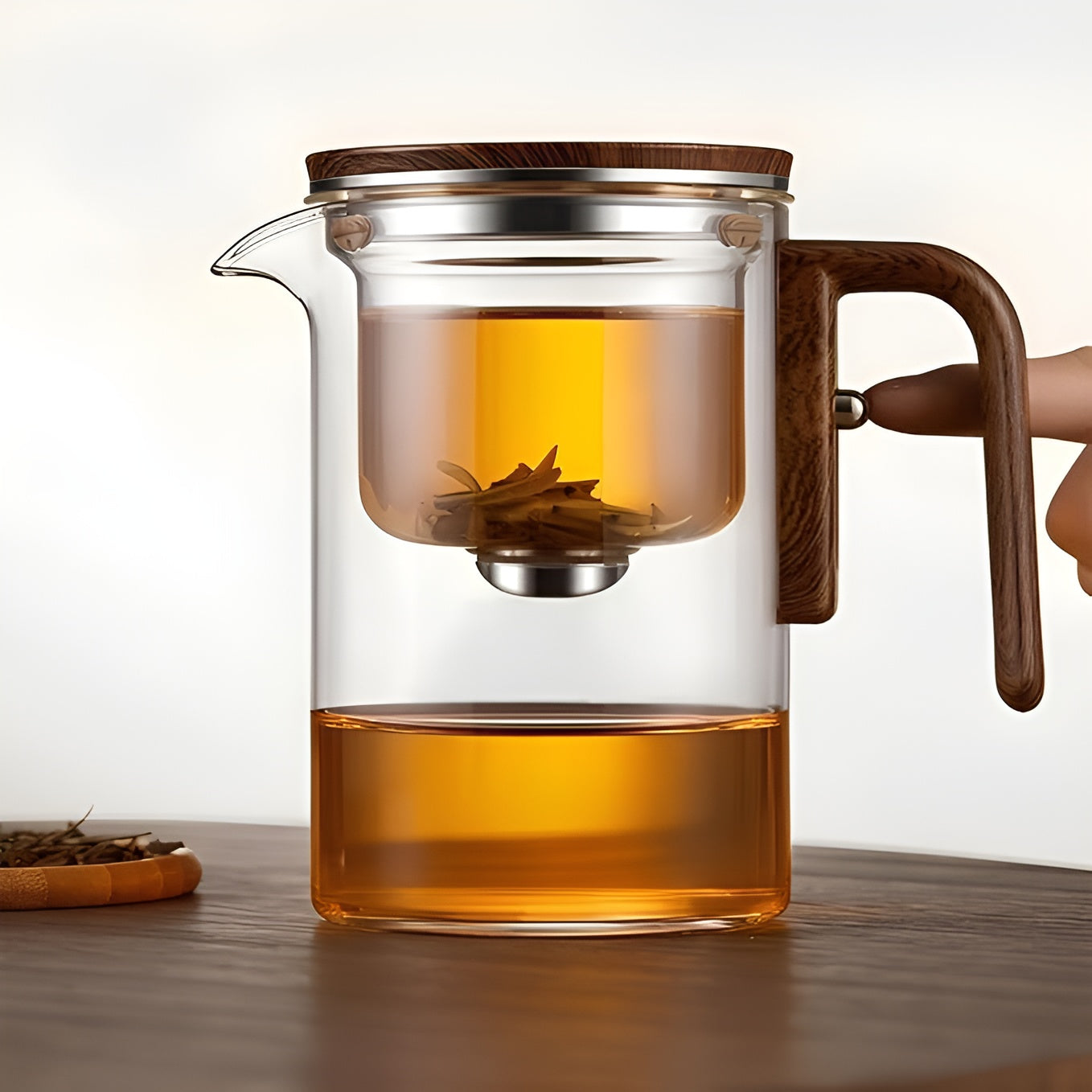 Glazen Theepot - BrewEase - Houten Handvat - Ingebouwde Zeef