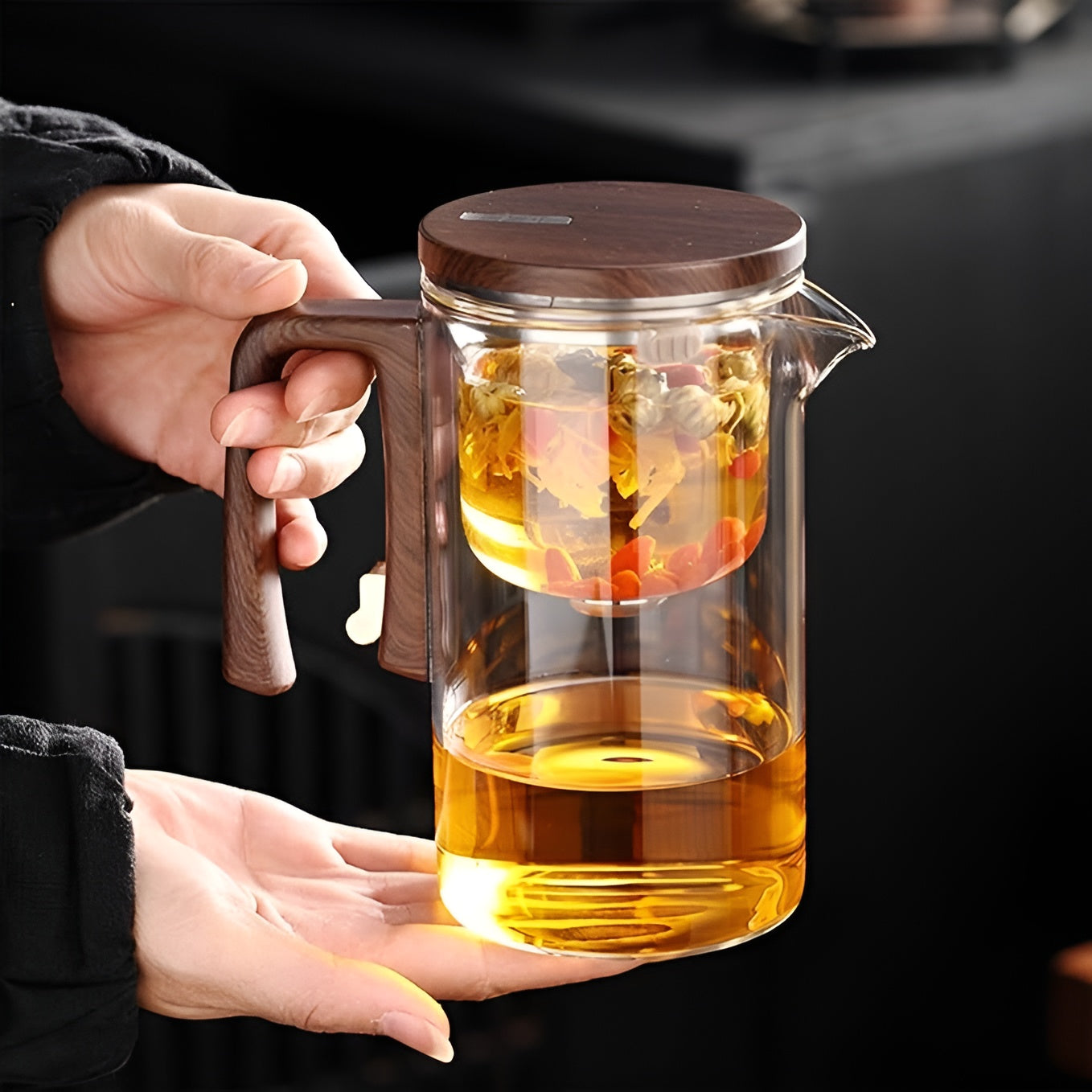 Glazen Theepot - BrewEase - Houten Handvat - Ingebouwde Zeef