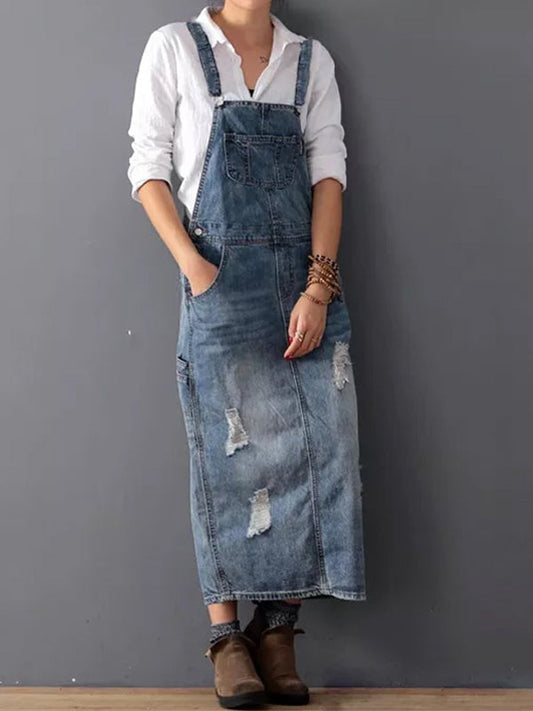 Denim Jurk - RetroFit - Rug Split Design - Versleten Look