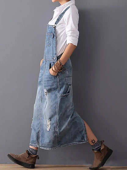 Denim Jurk - RetroFit - Rug Split Design - Versleten Look