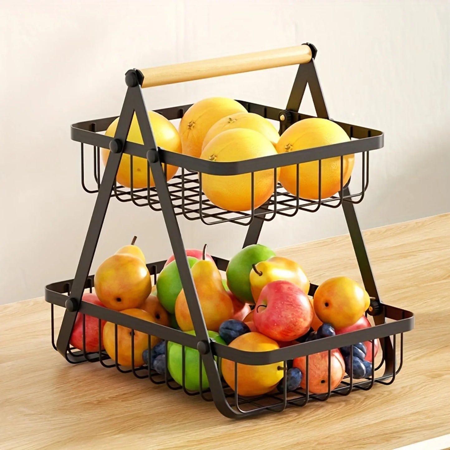 Fruitschaal Standaard - Frutivo - Metalen Opslag - Houten Handvat Ontwerp