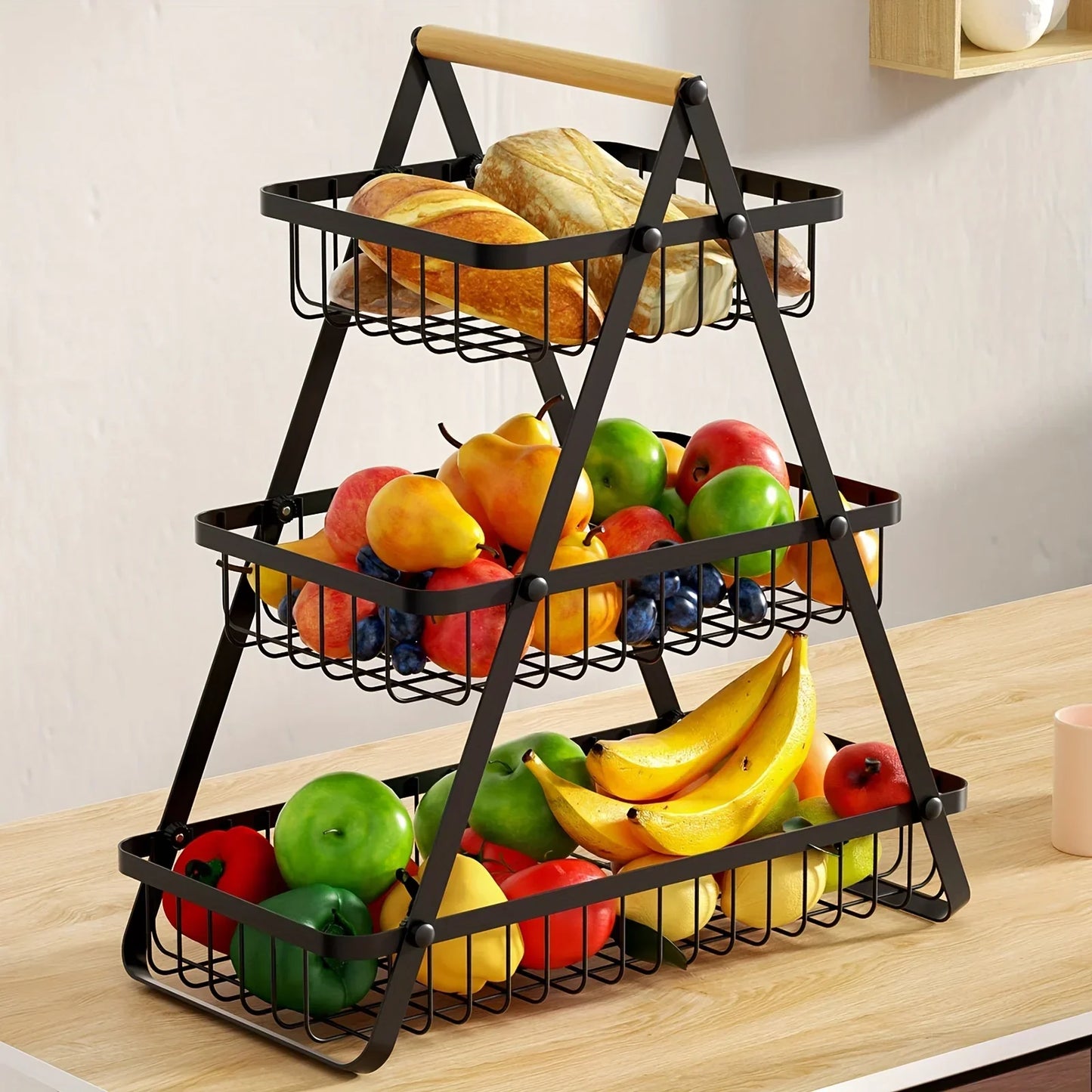 Fruitschaal Standaard - Frutivo - Metalen Opslag - Houten Handvat Ontwerp
