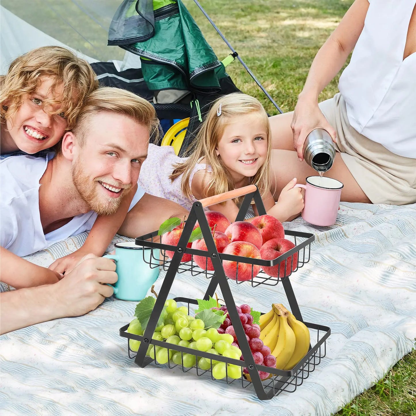 Fruitschaal Standaard - Frutivo - Metalen Opslag - Houten Handvat Ontwerp
