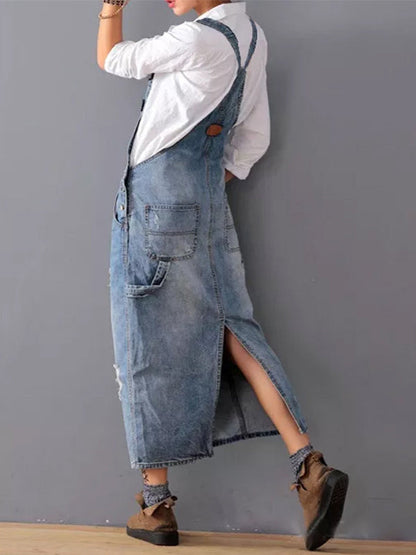 Denim Jurk - RetroFit - Rug Split Design - Versleten Look