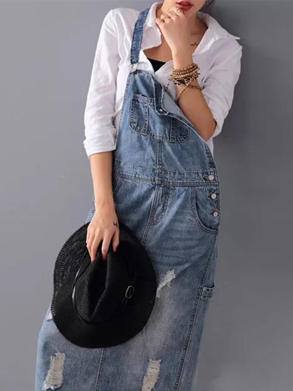 Denim Jurk - RetroFit - Rug Split Design - Versleten Look