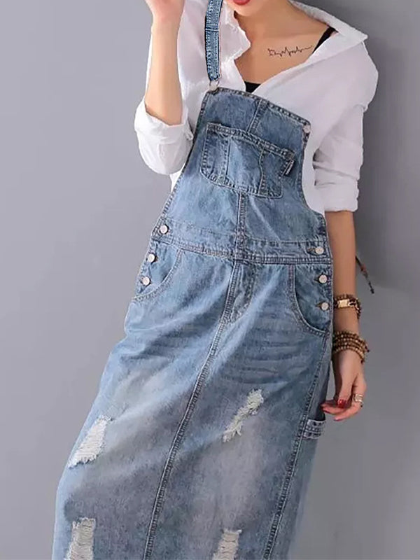 Denim Jurk - RetroFit - Rug Split Design - Versleten Look