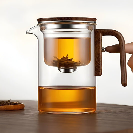Glazen Theepot - BrewEase - Houten Handvat - Ingebouwde Zeef
