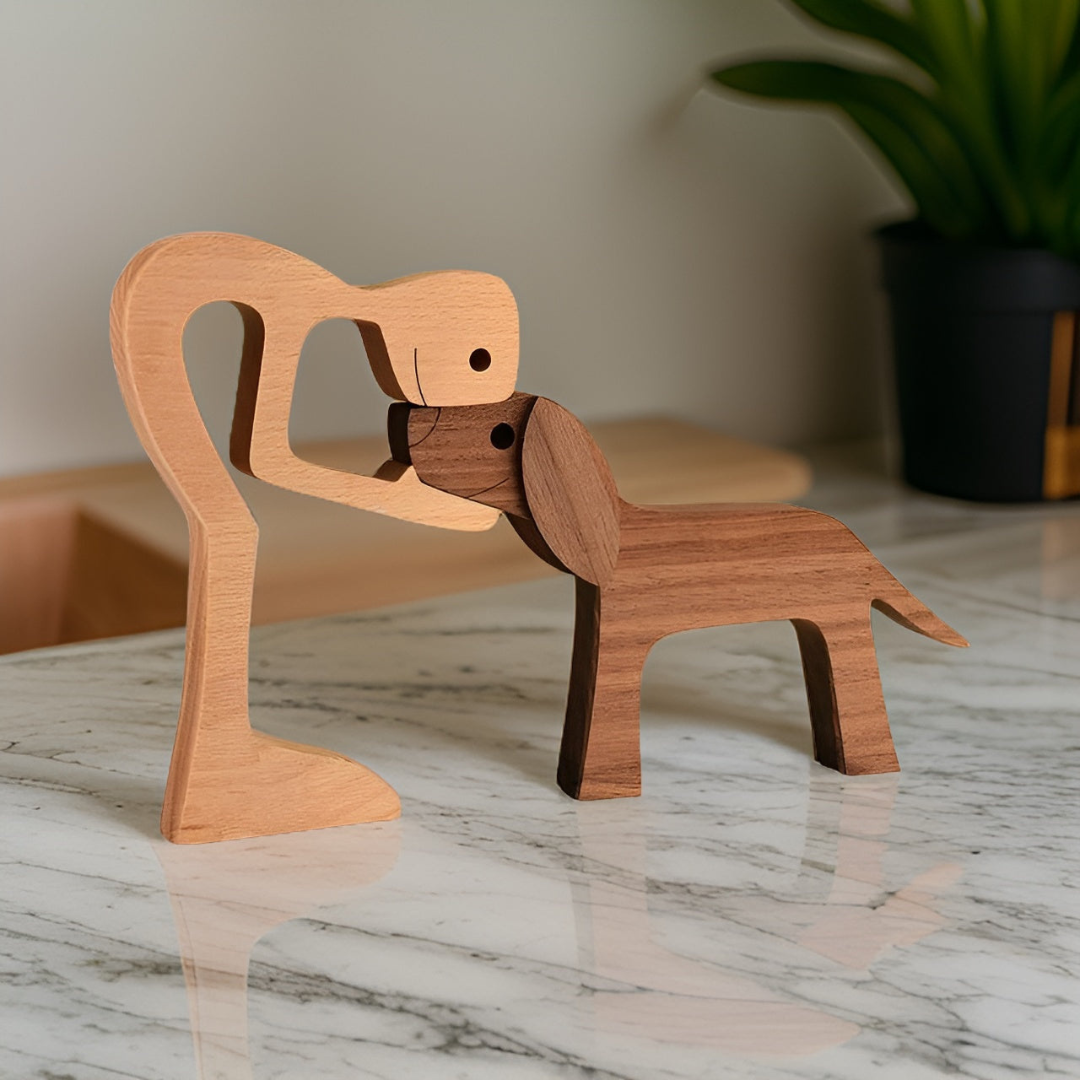 Houten Beeld - CraftX - Handgemaakte Hond & Baas Beeld - Uniek Cadeau Decoratie