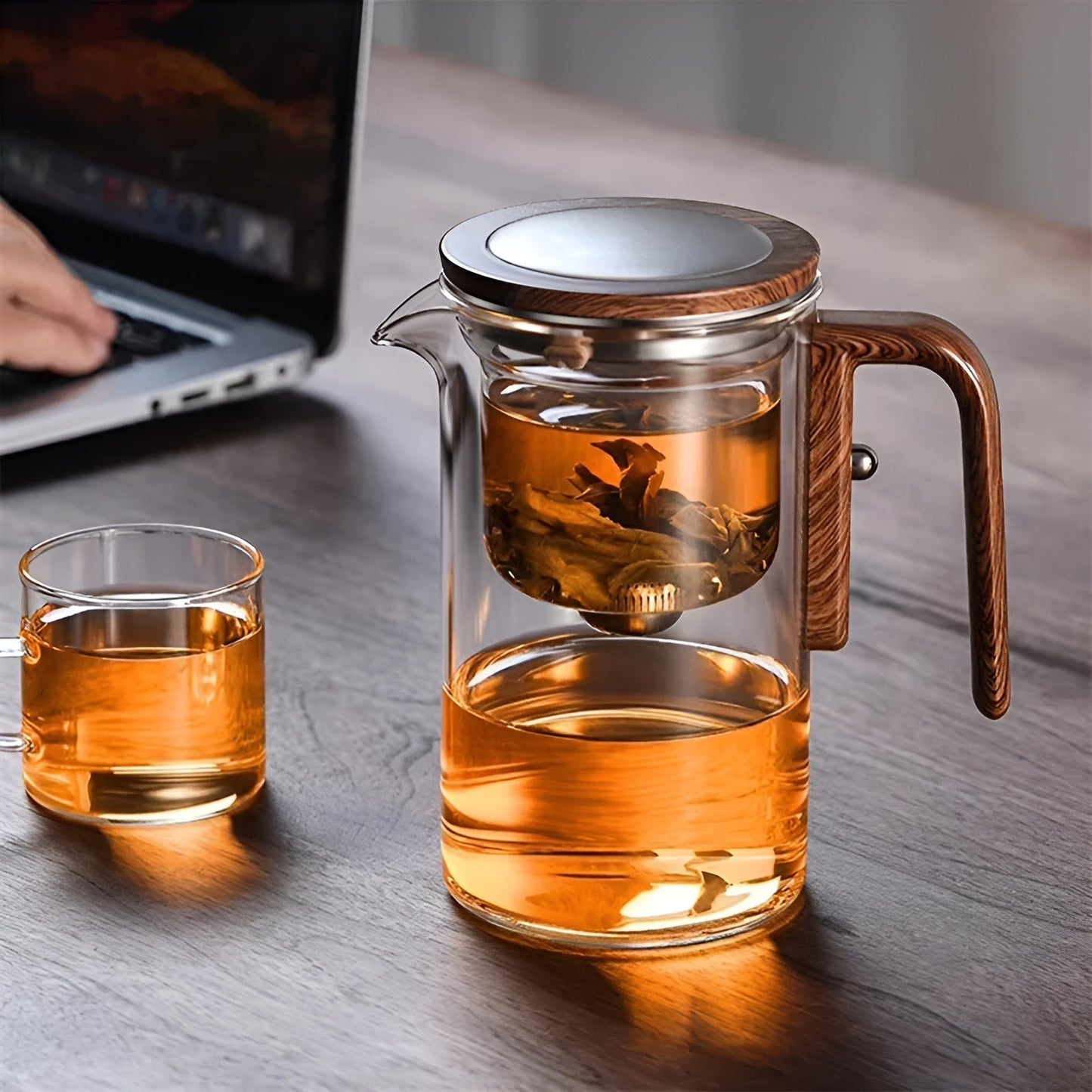 Glazen Theepot - BrewEase - Houten Handvat - Ingebouwde Zeef